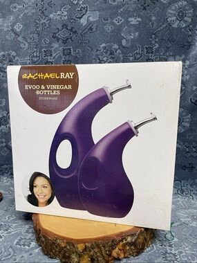 Rachael Ray Stoneware Evoo Oil & Vinegar Bottle EggPlant Purple 2-Piece Set NIB